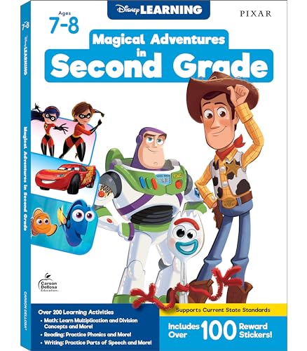 Disney Learning Magical Adventures in 2nd Grade Workbooks All Subjects, Math, Reading Comprehension, Writing, Addition, Subtraction, Multiplication, Phonics, Second Grade Workbooks Ages 7-8